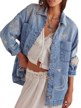 Loveimgs Celestial Embroidered Denim Jacket Moon Star Sun Medium NWT Stargirl